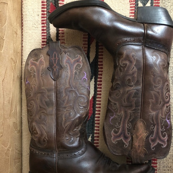 Justin Women”s Stampede Chocolate Puma Western Cowgirl Boots Purple Heart 6.5B - Picture 10 of 15